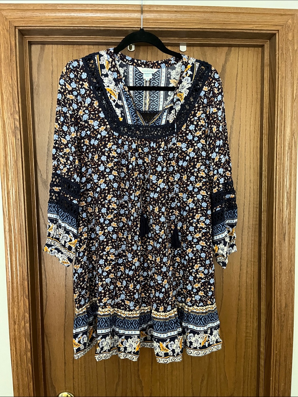 Sundance Navy Floral Long Sleeve Boho Dress with Yellow Accents